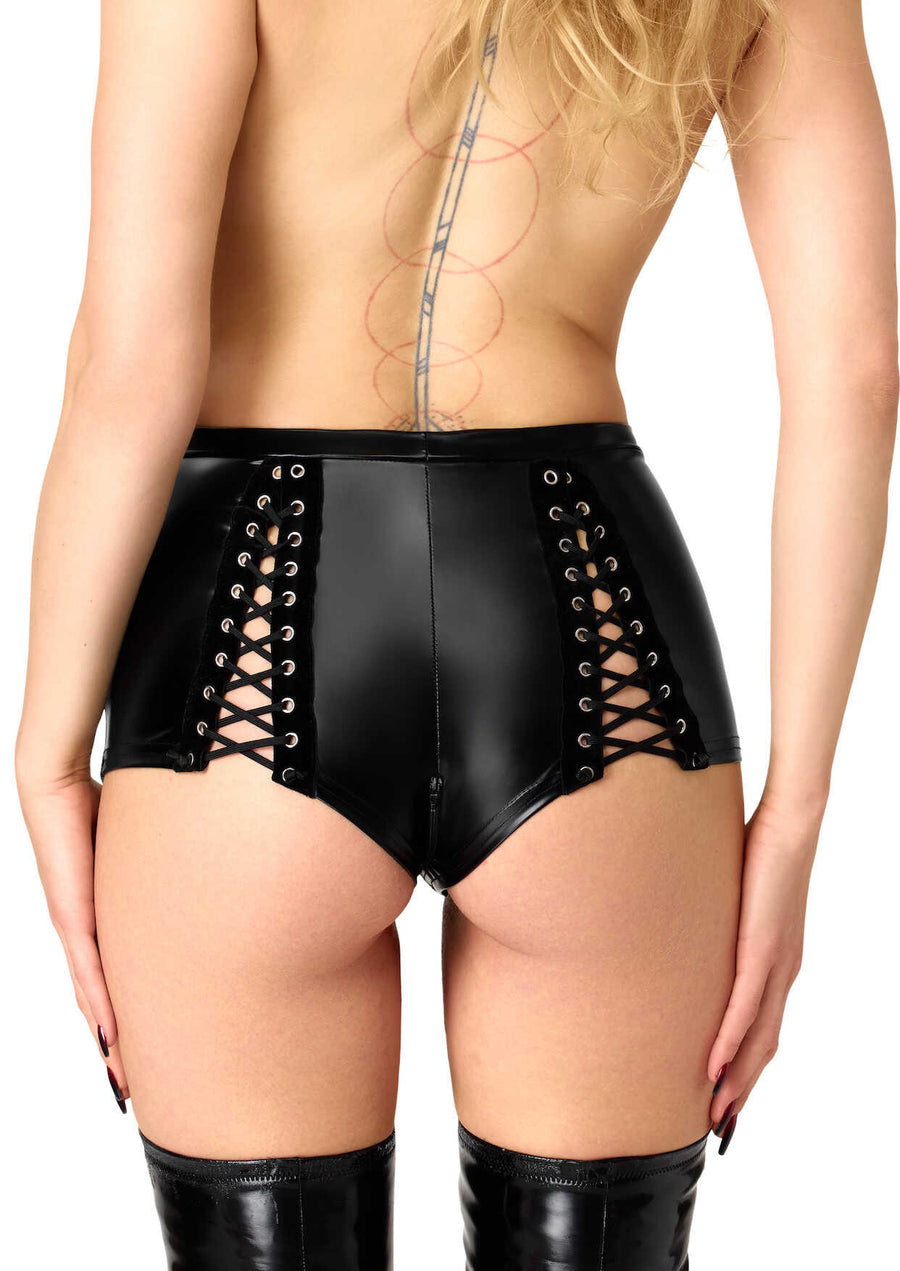 Short taille haute wetlook lacé F411 Do Not Disturb – vue 4 | Voyage Sensuel