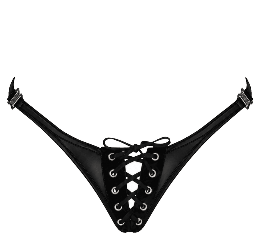 String wetlook noir à laçage F413 Do Not Disturb – vue 3 | Voyage Sensuel