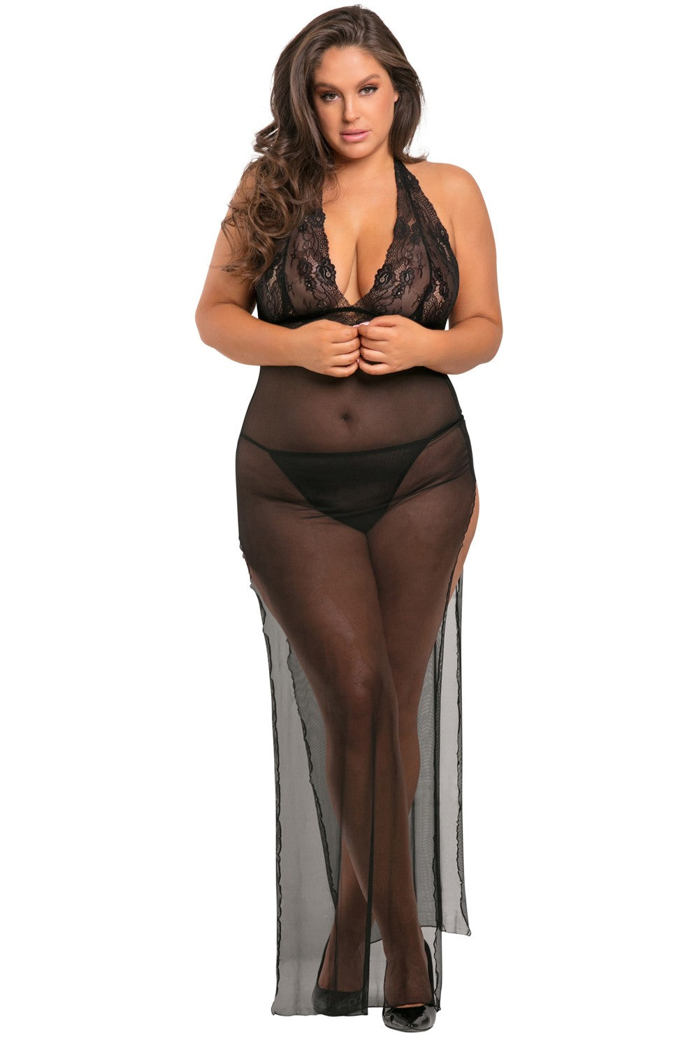 Nuisette longue grande taille fendue transparente – René Rofé