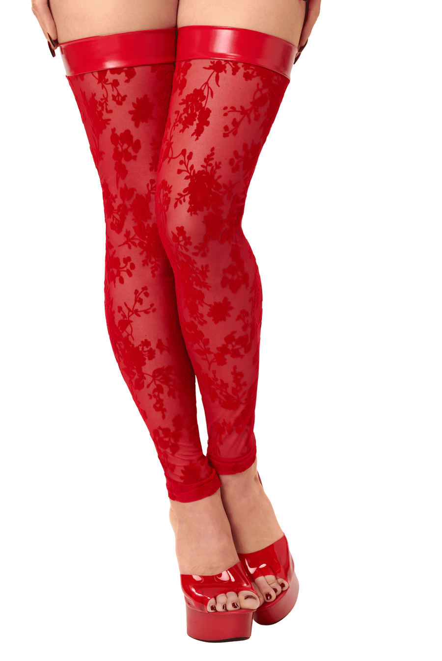 Bas cuissardes rouges sans pieds Plaything – Noir Handmade – vue 1 | Voyage Sensuel