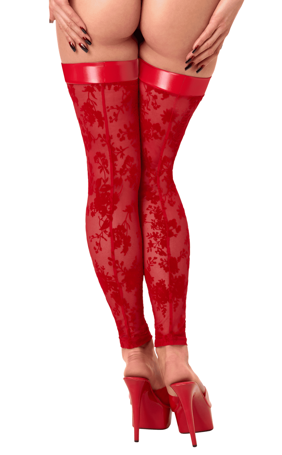 Bas cuissardes rouges sans pieds Plaything – Noir Handmade – vue 2 | Voyage Sensuel
