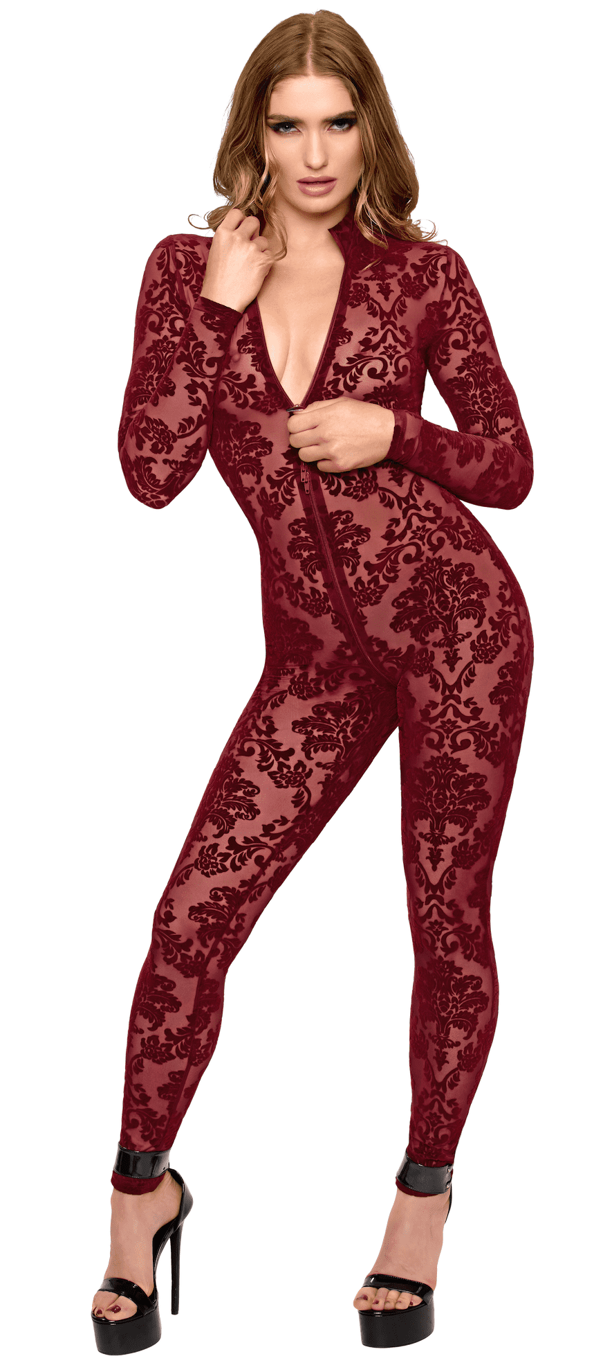 Catsuit bordeaux à zip trois voies Masquerade – Noir Handmade – vue 3 | Voyage Sensuel