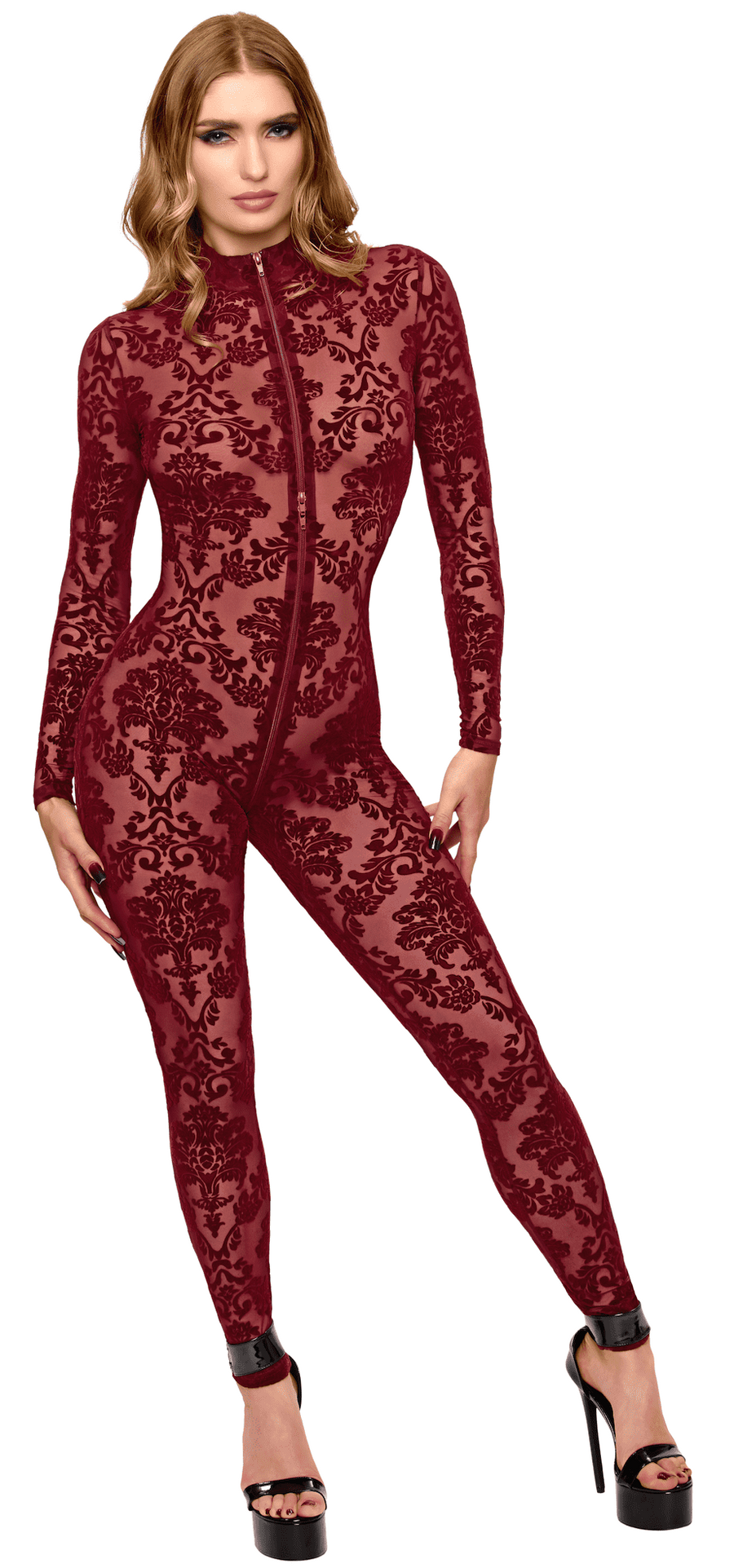 Catsuit bordeaux à zip trois voies Masquerade – Noir Handmade – vue 4 | Voyage Sensuel