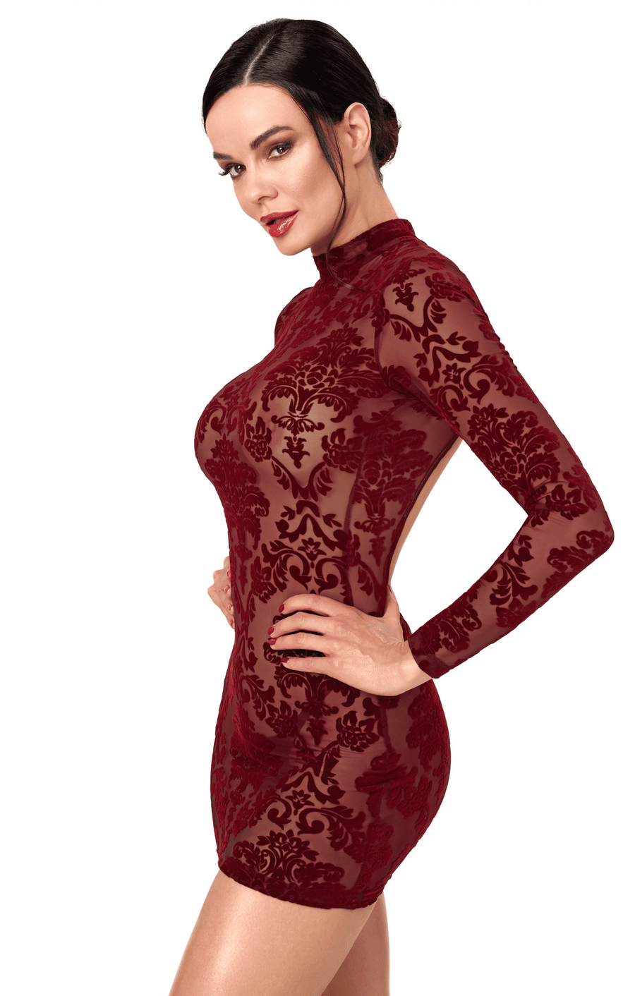 Mini-robe bordeaux à dos nu Masquerade – Noir Handmade – vue 3 | Voyage Sensuel