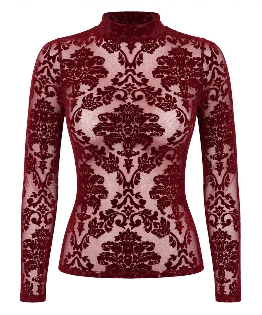 Top bordeaux en tulle floqué à manches longues Masquerade – Noir Handmade – vue 4 | Voyage Sensuel