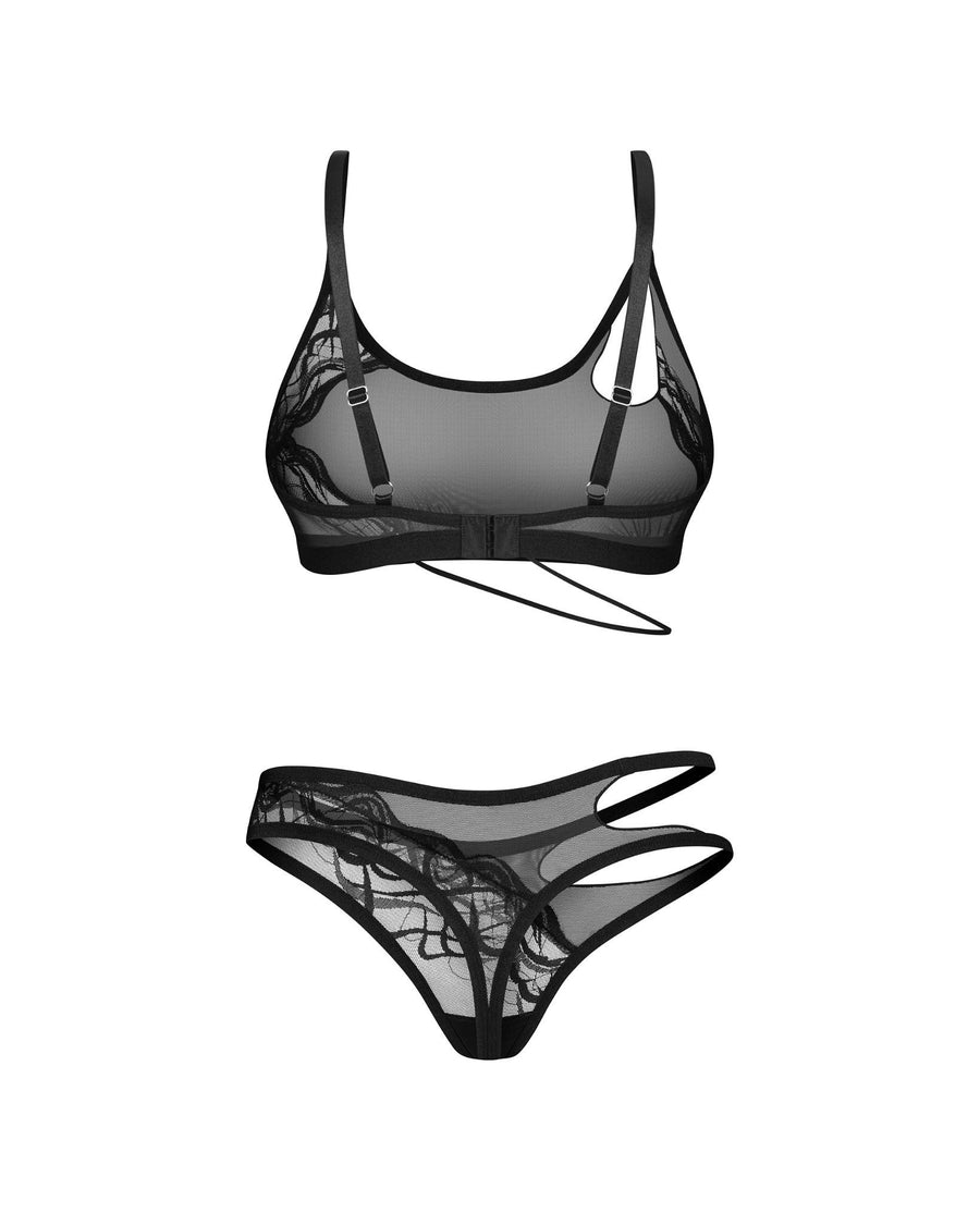 Ensemble asymétrique en tulle et dentelle – Noir – Saturis – Obsessive – vue 3 | Voyage Sensuel