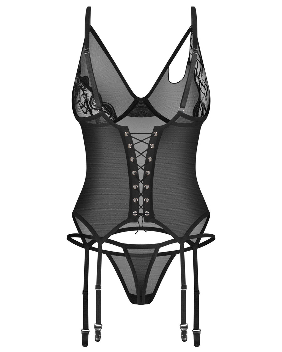 Corset en tulle et dentelle avec string – Noir – Saturis – Obsessive – vue 4 | Voyage Sensuel