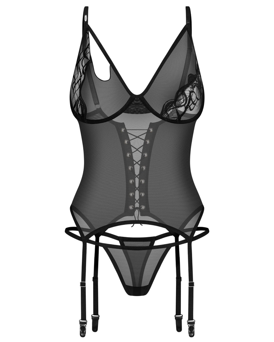 Corset en tulle et dentelle avec string – Noir – Saturis – Obsessive – vue 3 | Voyage Sensuel