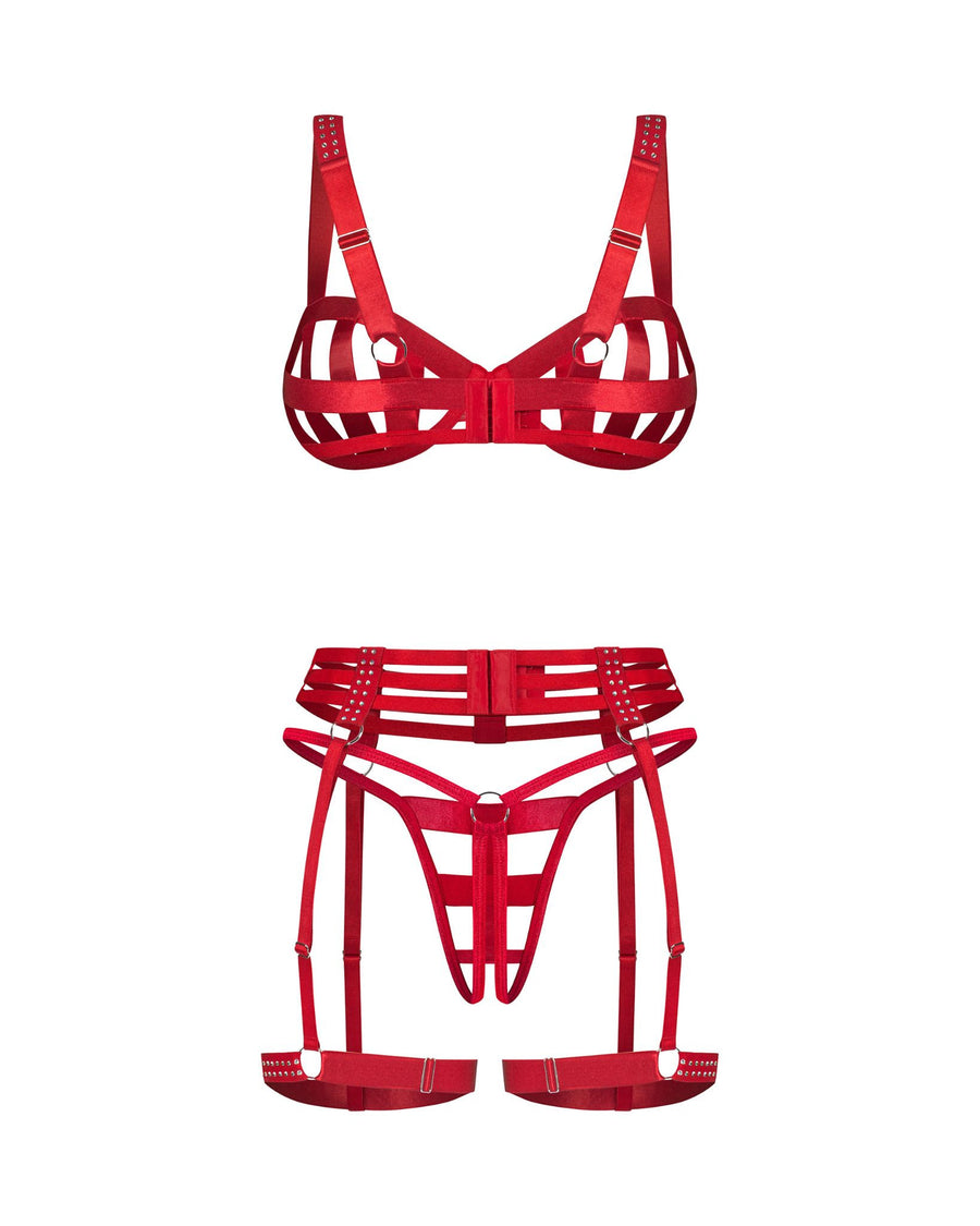 Ensemble ouvert 3 pièces à cristaux – Rouge – Shiny Obsession – Obsessive – vue 10 | Voyage Sensuel