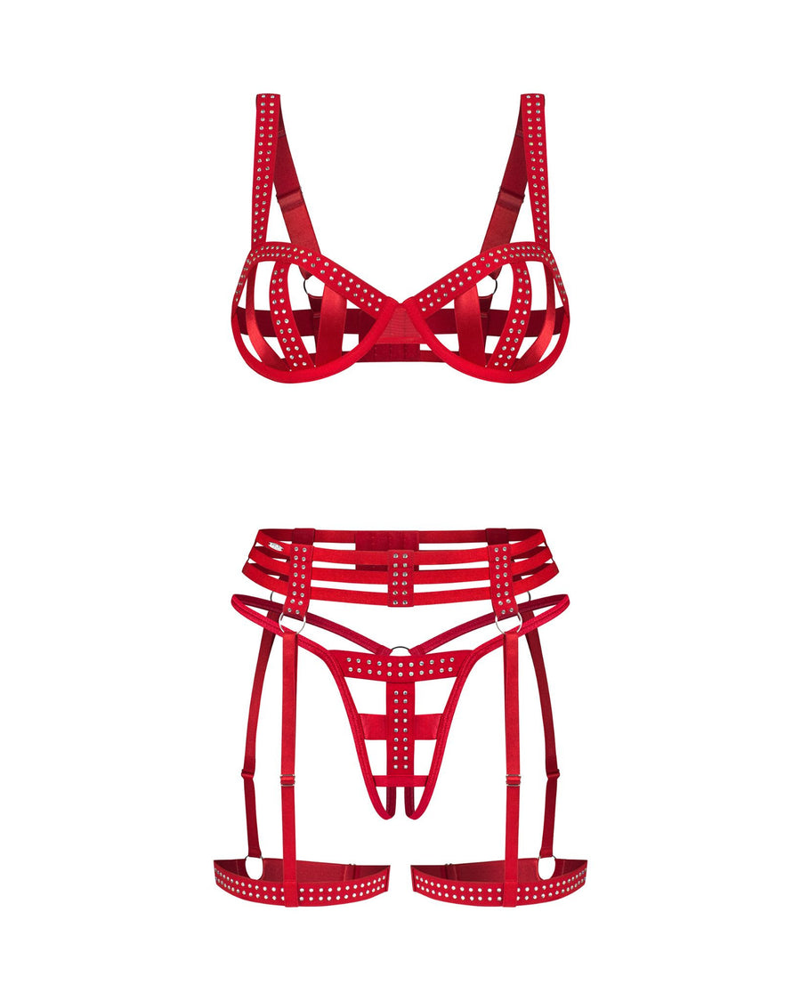 Ensemble ouvert 3 pièces à cristaux – Rouge – Shiny Obsession – Obsessive – vue 9 | Voyage Sensuel