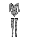 Romy - Bodystocking résille ouvert col V noir