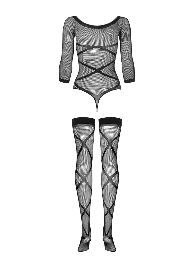 Romy - Bodystocking résille ouvert col V noir | Voyage Sensuel