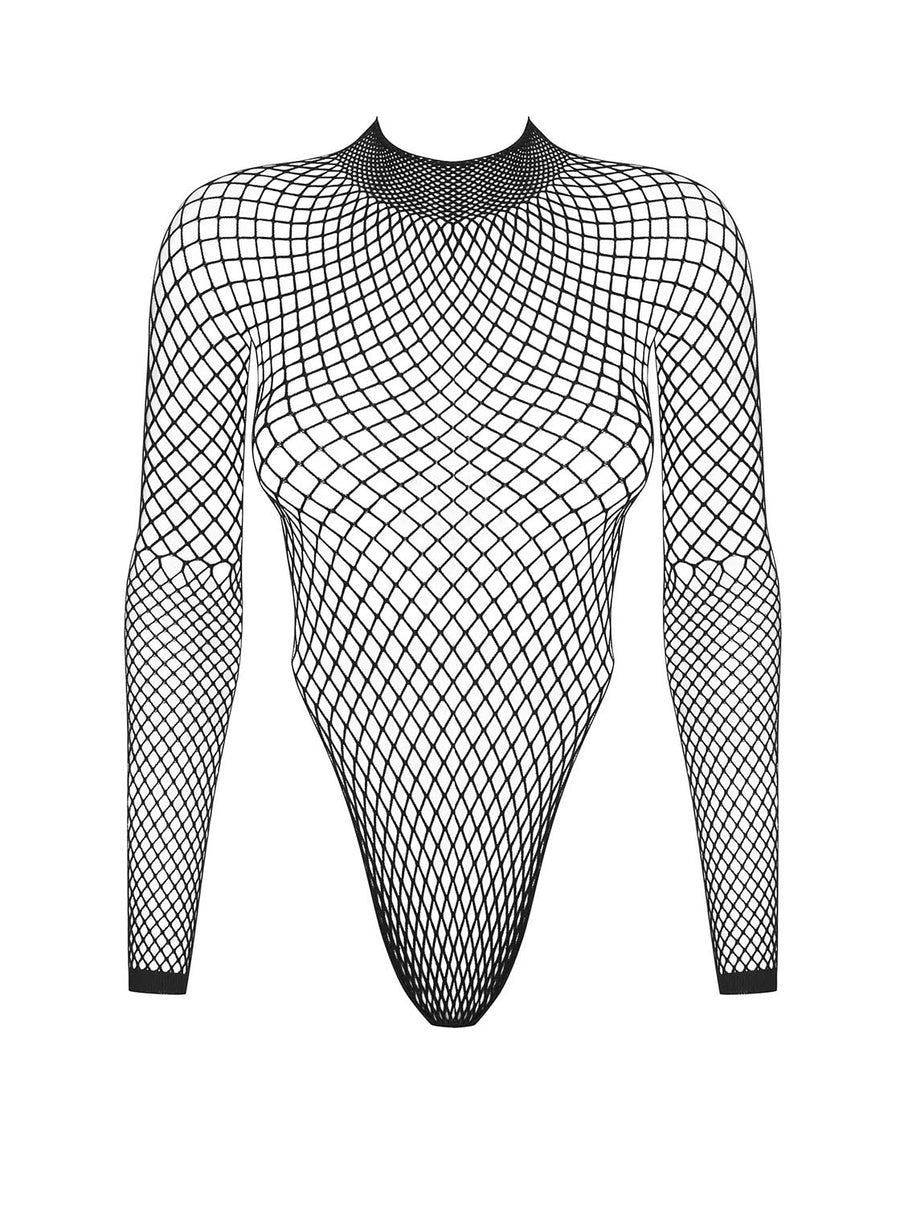 Kiara - Body dentelle transparent manches longues noir | Voyage Sensuel