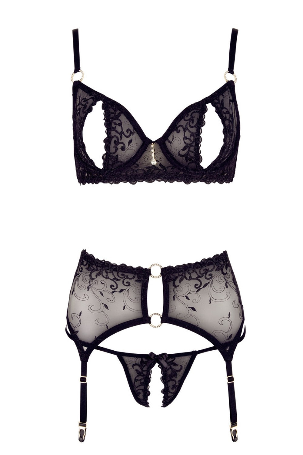 Soutien-gorge dentelle, porte-jarretelles et string ouvert noir – Cotelli Lingerie