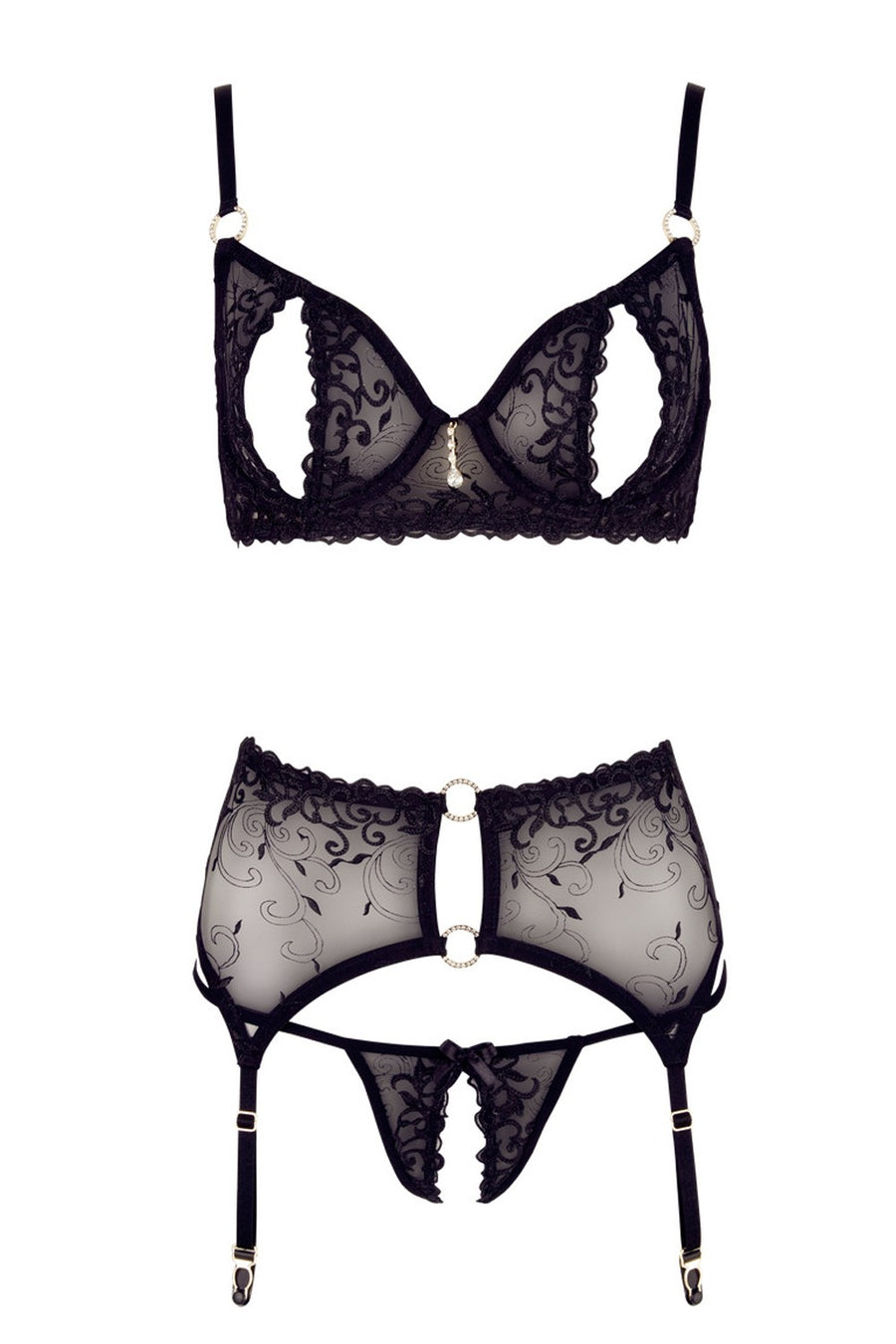 Soutien-gorge dentelle, porte-jarretelles et string ouvert noir – Cotelli Lingerie | Voyage Sensuel