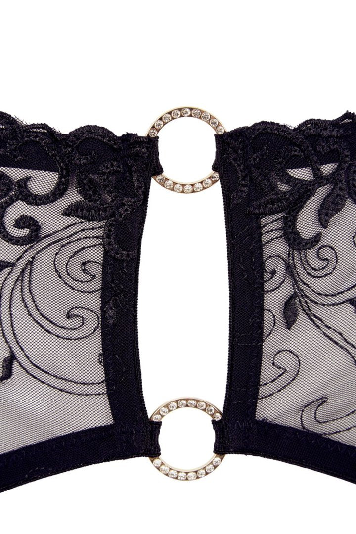 Soutien-gorge dentelle, porte-jarretelles et string ouvert noir – Cotelli Lingerie | Voyage Sensuel