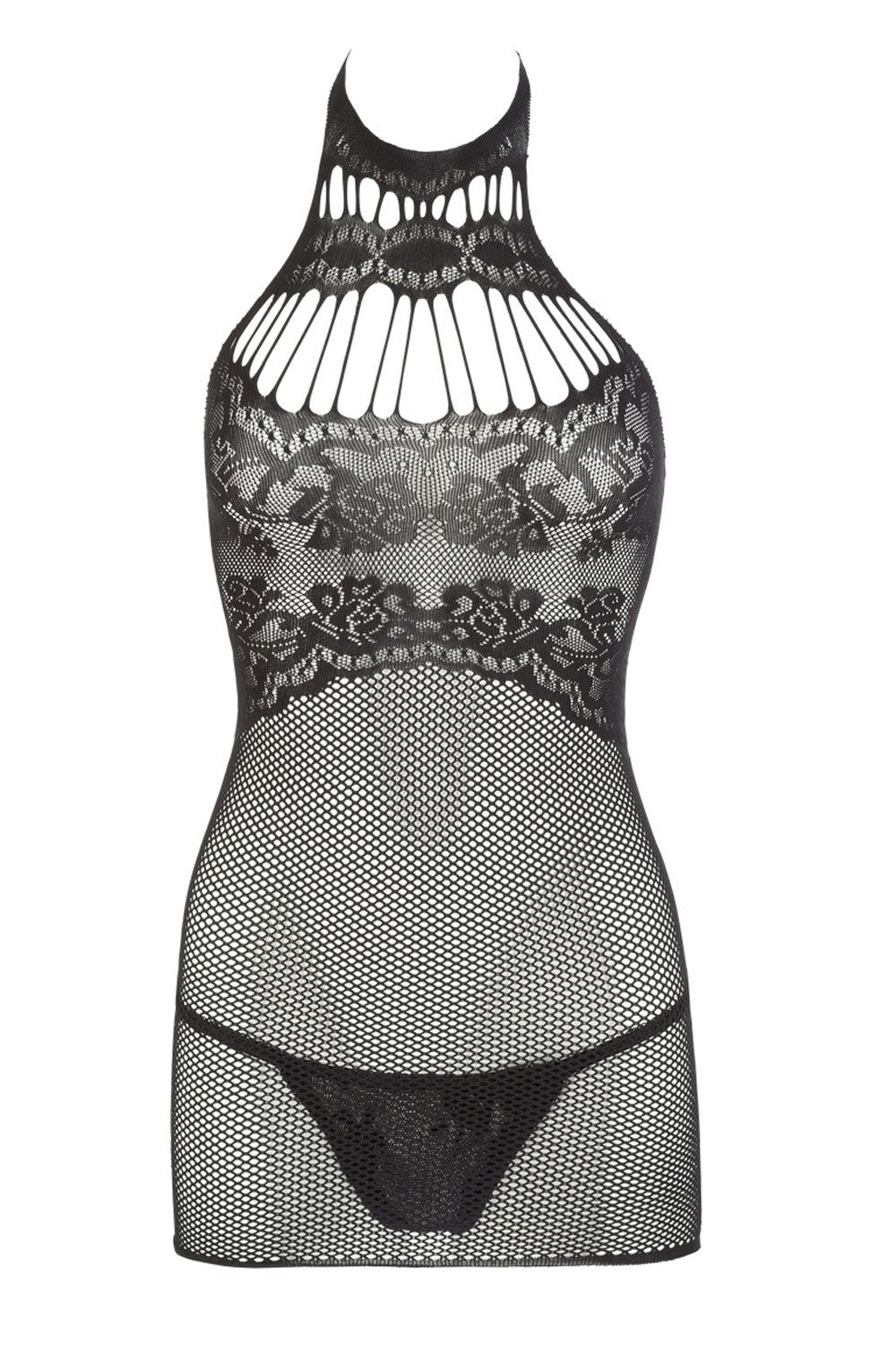 Petite robe en résille noire, sans couture, avec dentelle sur la poitrine. String assorti – Cotelli Lingerie