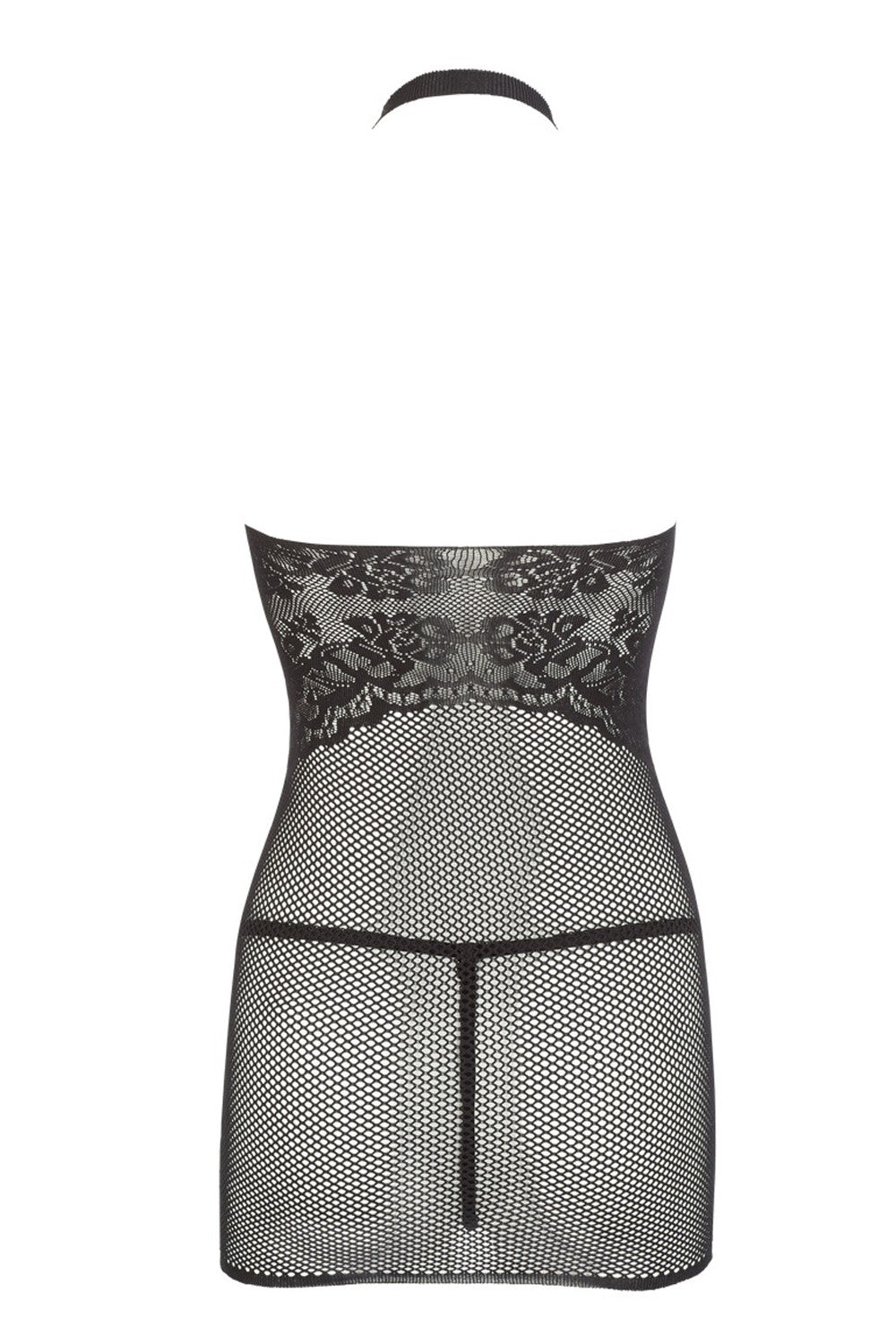 Petite robe en résille noire, sans couture, avec dentelle sur la poitrine. String assorti – Cotelli Lingerie