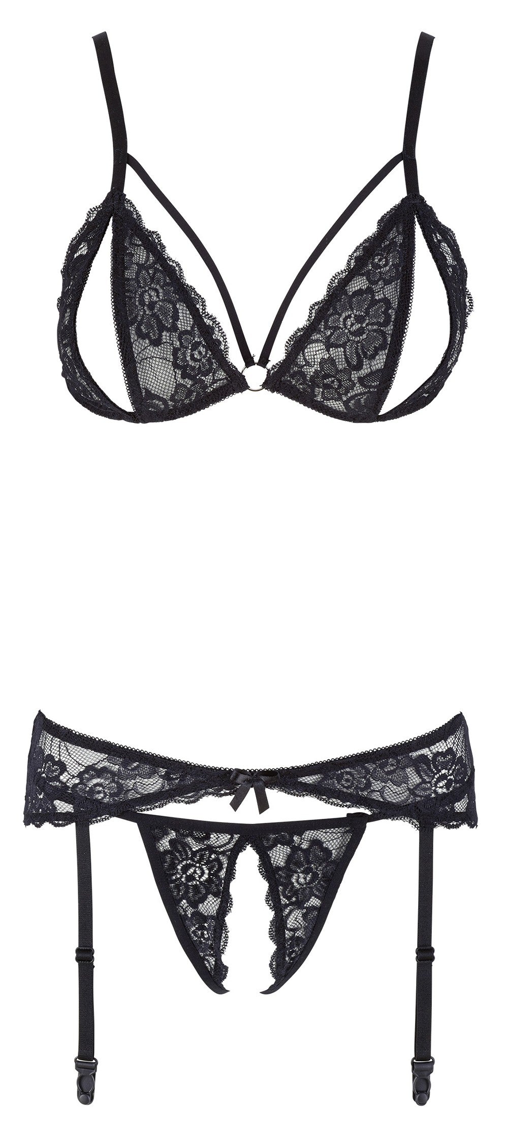 Ensemble trois pièces avec soutien-gorge fendu, porte-jarretelles et string noir – Cotelli Lingerie