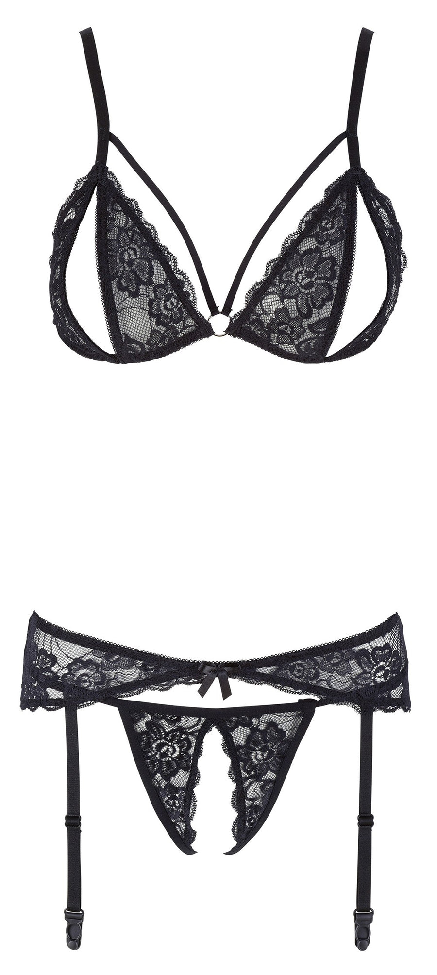 Ensemble trois pièces avec soutien-gorge fendu, porte-jarretelles et string noir – Cotelli Lingerie | Voyage Sensuel