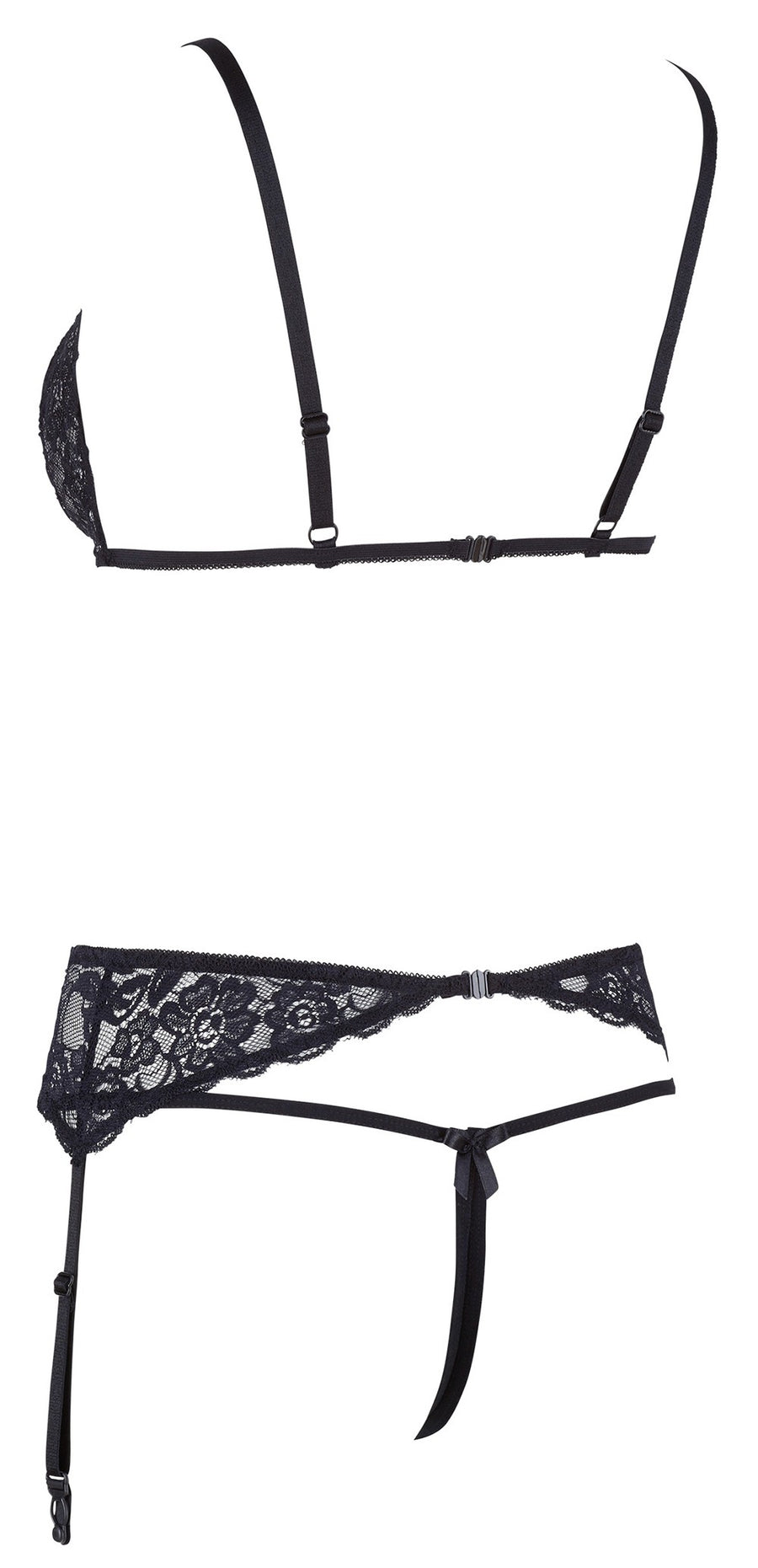 Ensemble trois pièces avec soutien-gorge fendu, porte-jarretelles et string noir – Cotelli Lingerie | Voyage Sensuel