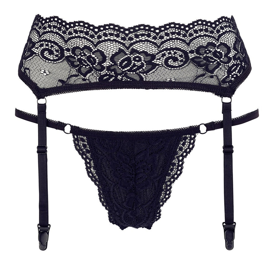 Porte-jarretelles en dentelle noire et string assorti – Cotelli Lingerie | Voyage Sensuel