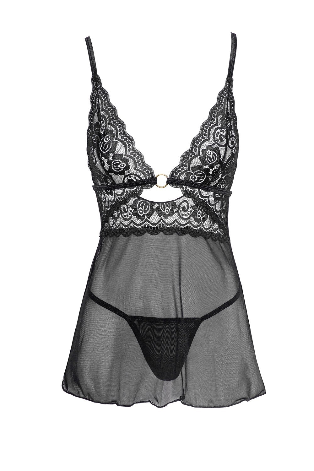 Nuisette noire en dentelle et résille transparente avec string – Cotelli Lingerie