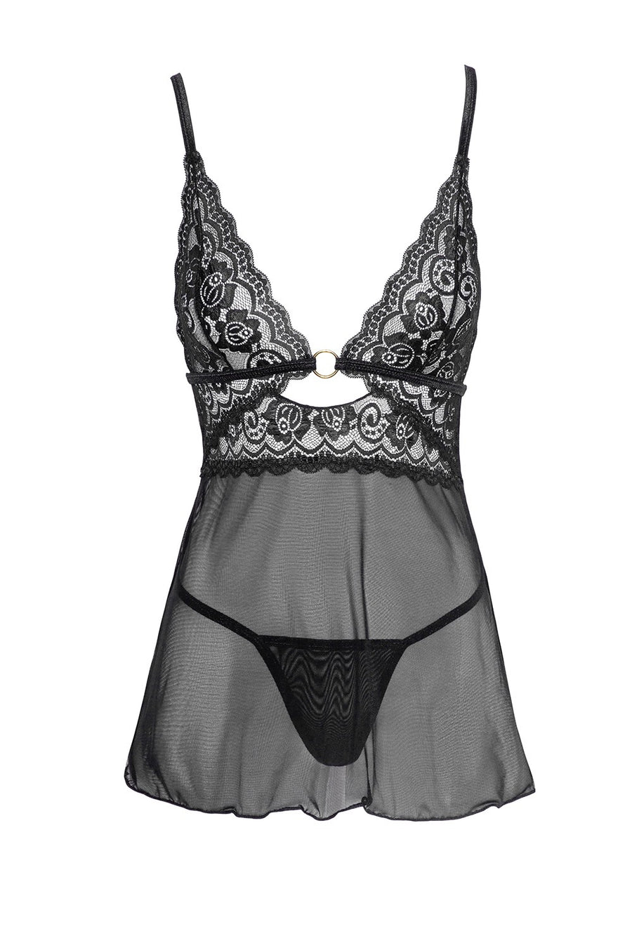 Nuisette noire en dentelle et résille transparente avec string – Cotelli Lingerie | Voyage Sensuel