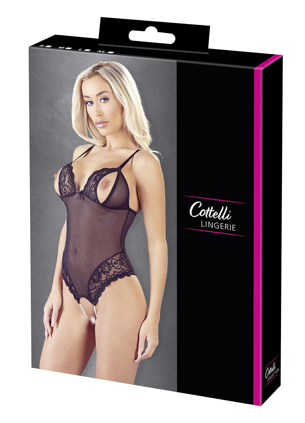 Body string en dentelle et résille noire avec perles à l'entrejambe – Cotelli Lingerie