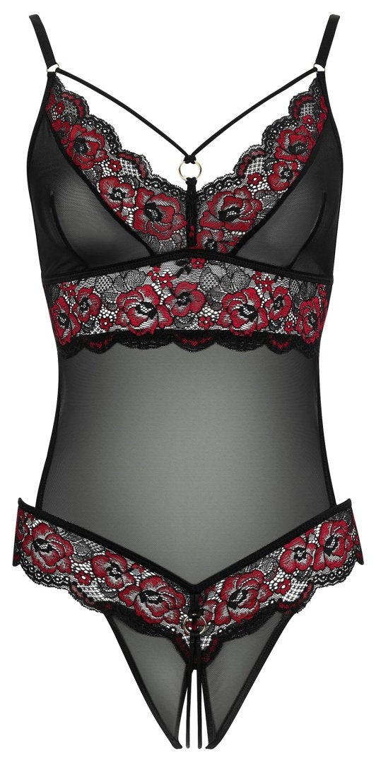 Body string en dentelle florale bicolore et résille – Cotelli Lingerie