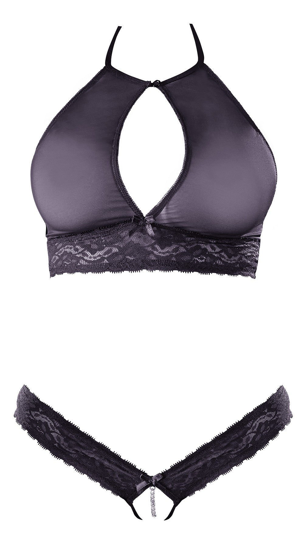 Soutien-gorge bandeau, en dentelle et résille noire et string ouvert – Cotelli Lingerie