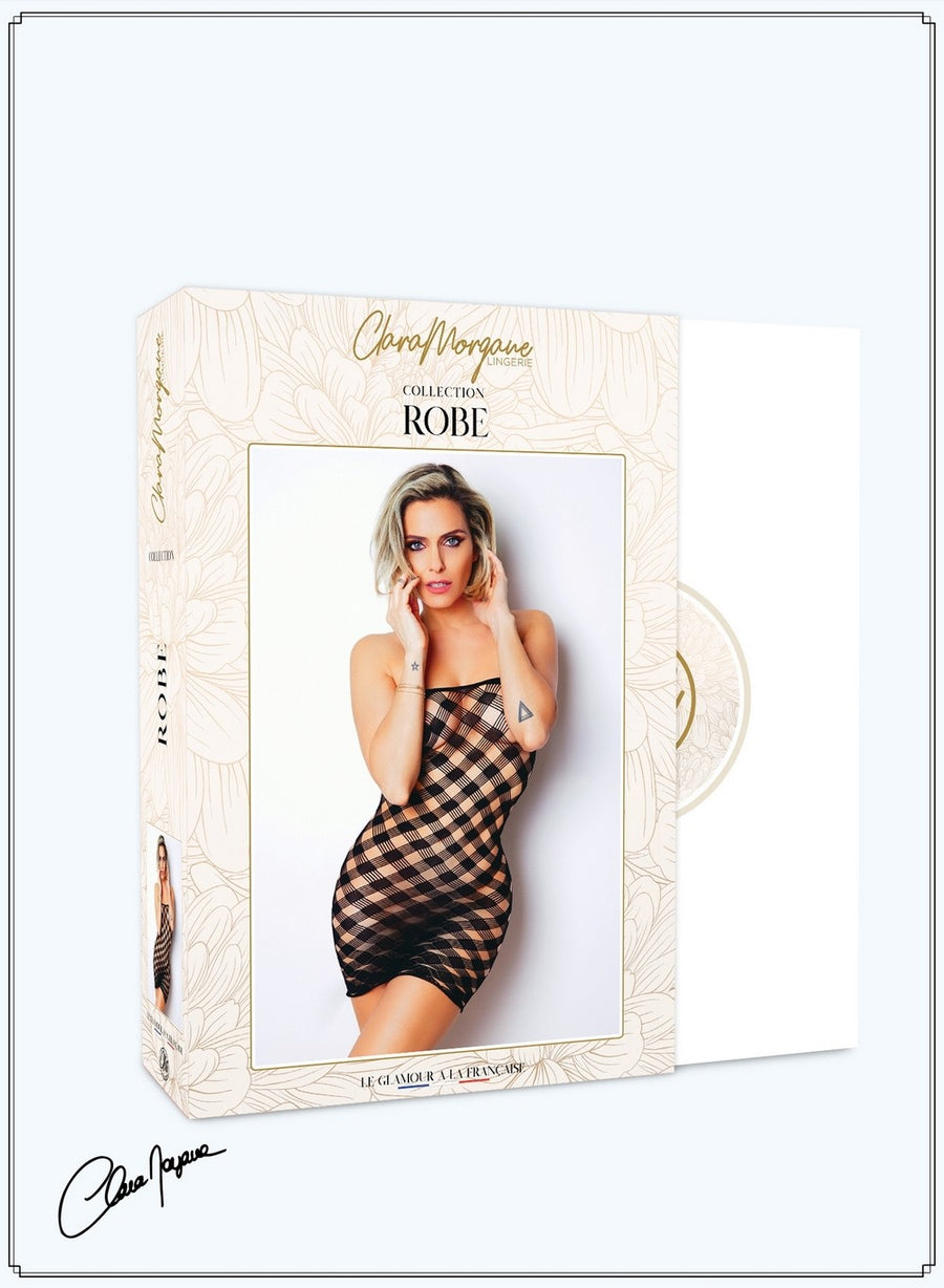 Mini Robe noire, résille avec motif damier - Le Numéro 2 - Collection Robe – Clara Morgane | Voyage Sensuel