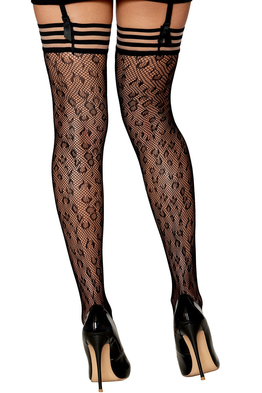 Bas résille dessin léopard avec jarretières noires/transparentes – Dreamgirl | Voyage Sensuel