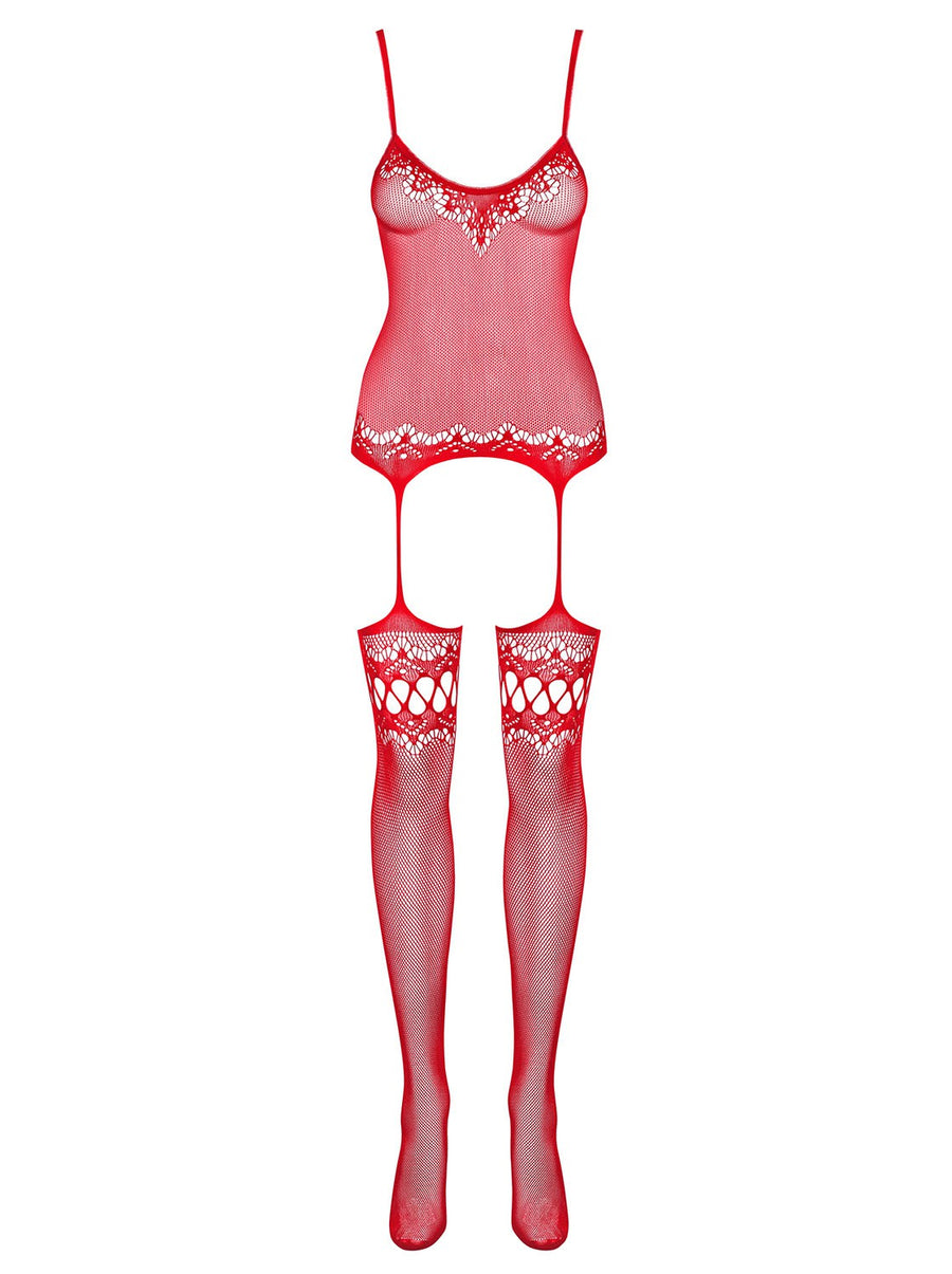 Anaïs - Bodystocking résille motifs floraux rouge | Voyage Sensuel