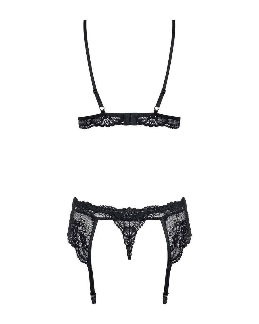Valentina - Ensemble lingerie 3 pièces dentelle noir | Voyage Sensuel