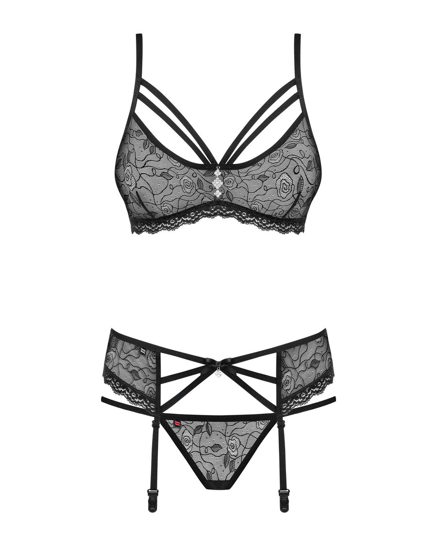 Victoria - Ensemble lingerie 3 pièces dentelle noir | Voyage Sensuel