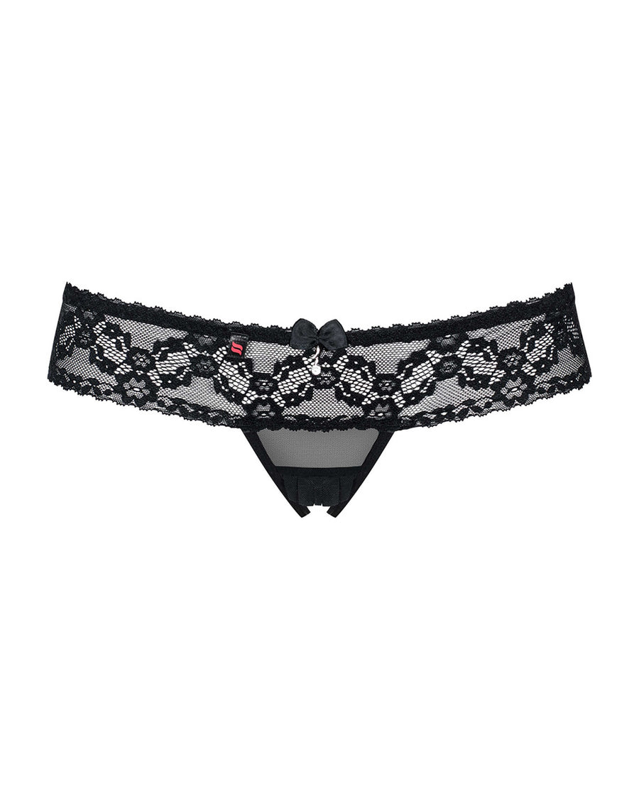 Inès - String ouvert dentelle échancré noir | Voyage Sensuel