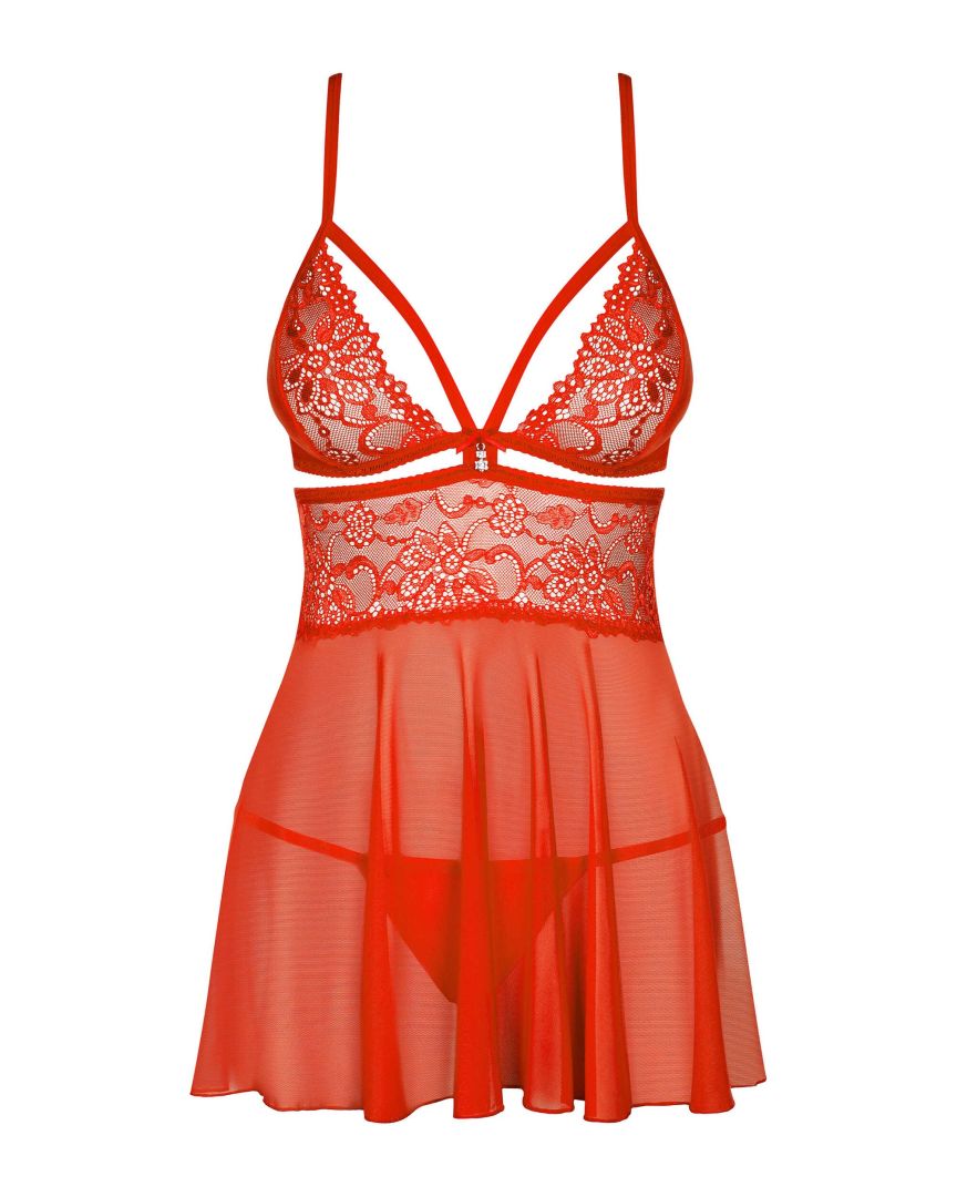 Babydoll en dentelle ouvert – Rouge – Obsessive