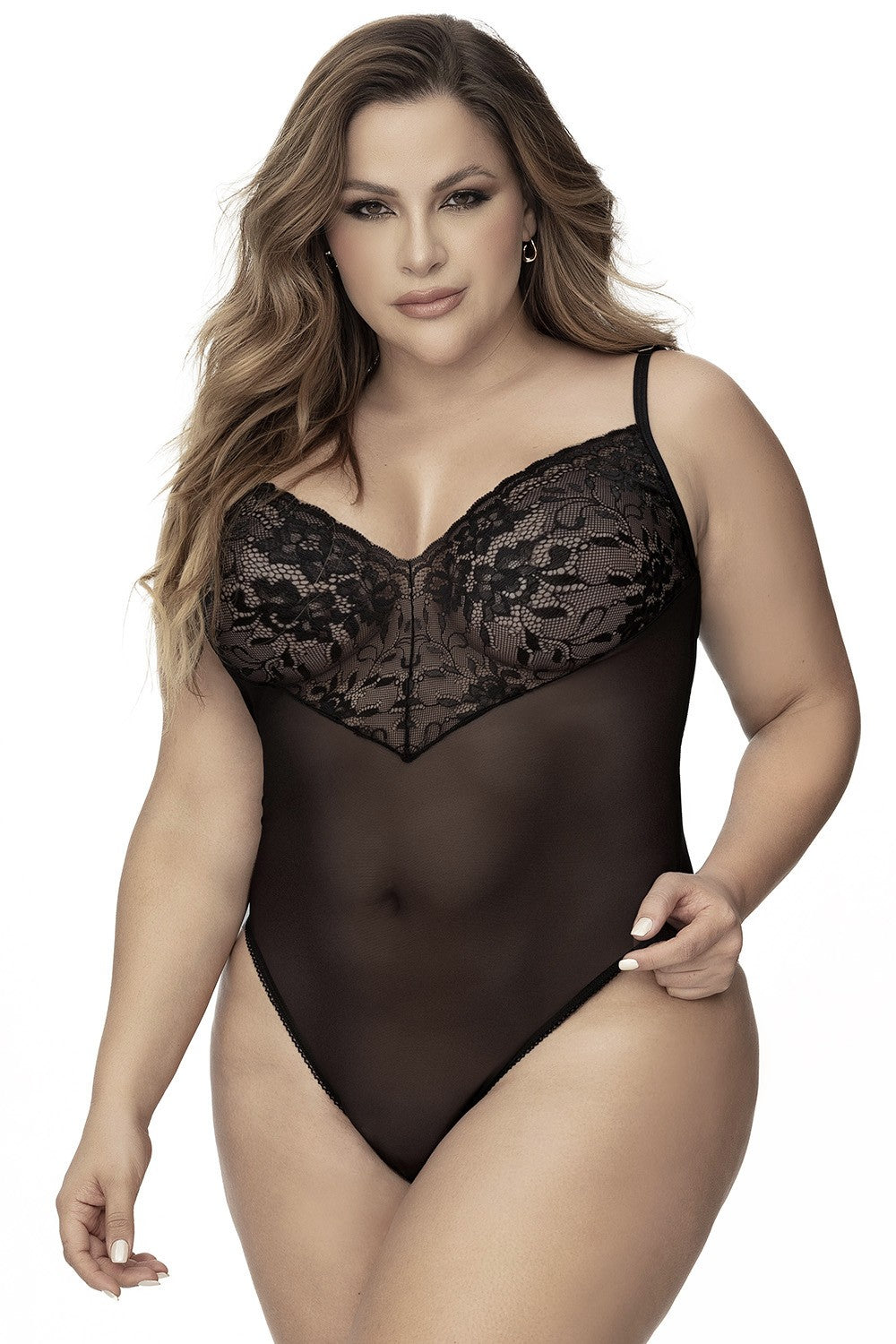 Body, grande taille, noir en dentelle et résille noire
