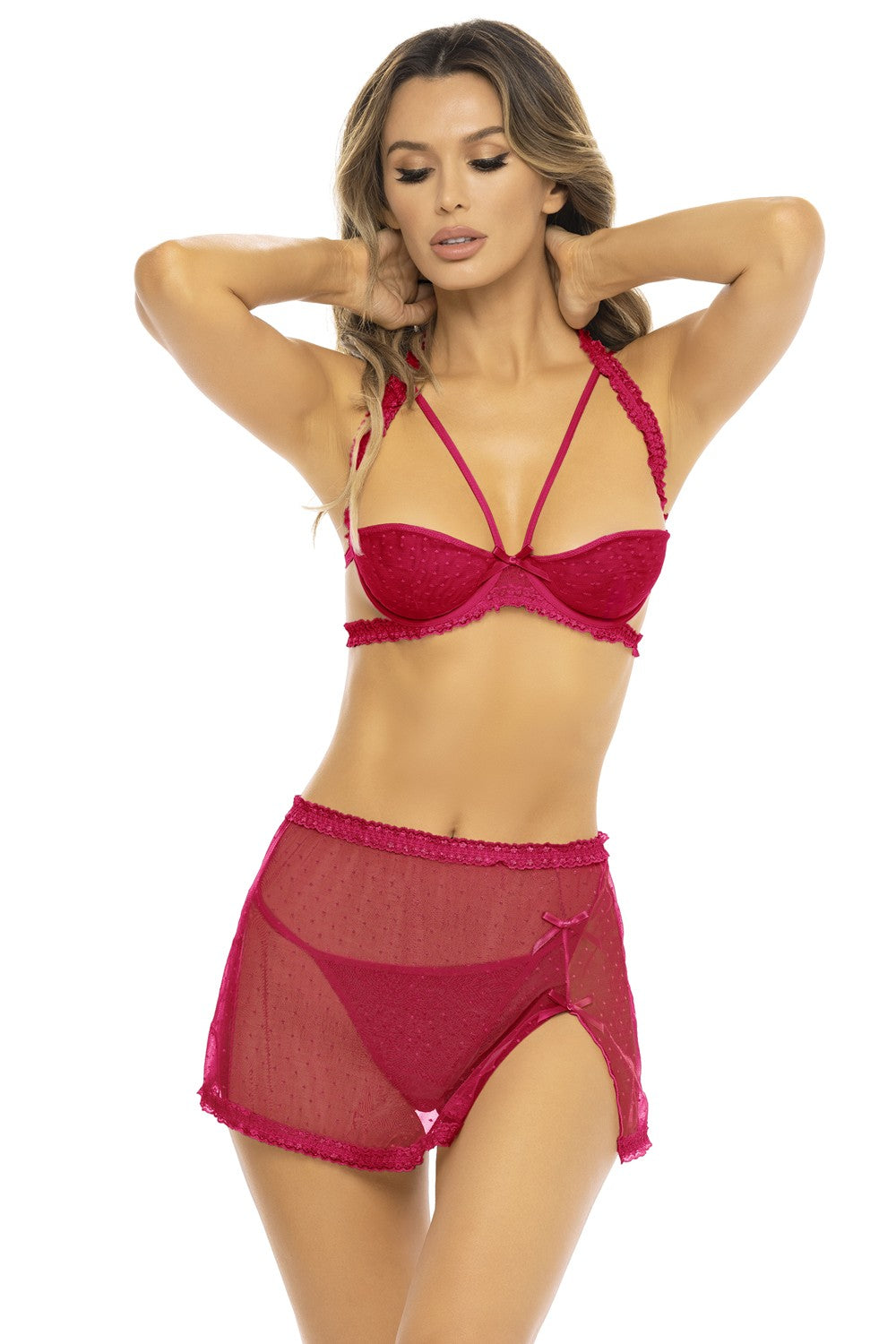 Ensemble 3 pièces rouge, soutien gorge, jupette et string – René Rofé