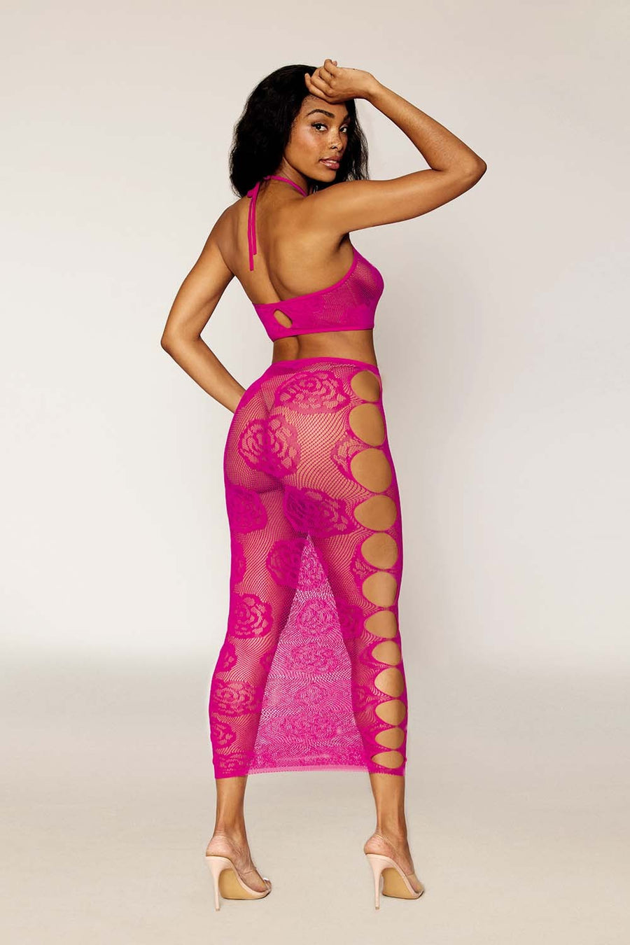 Ensemble Soutien-gorge et jupe longue en filet rose – Dreamgirl | Voyage Sensuel