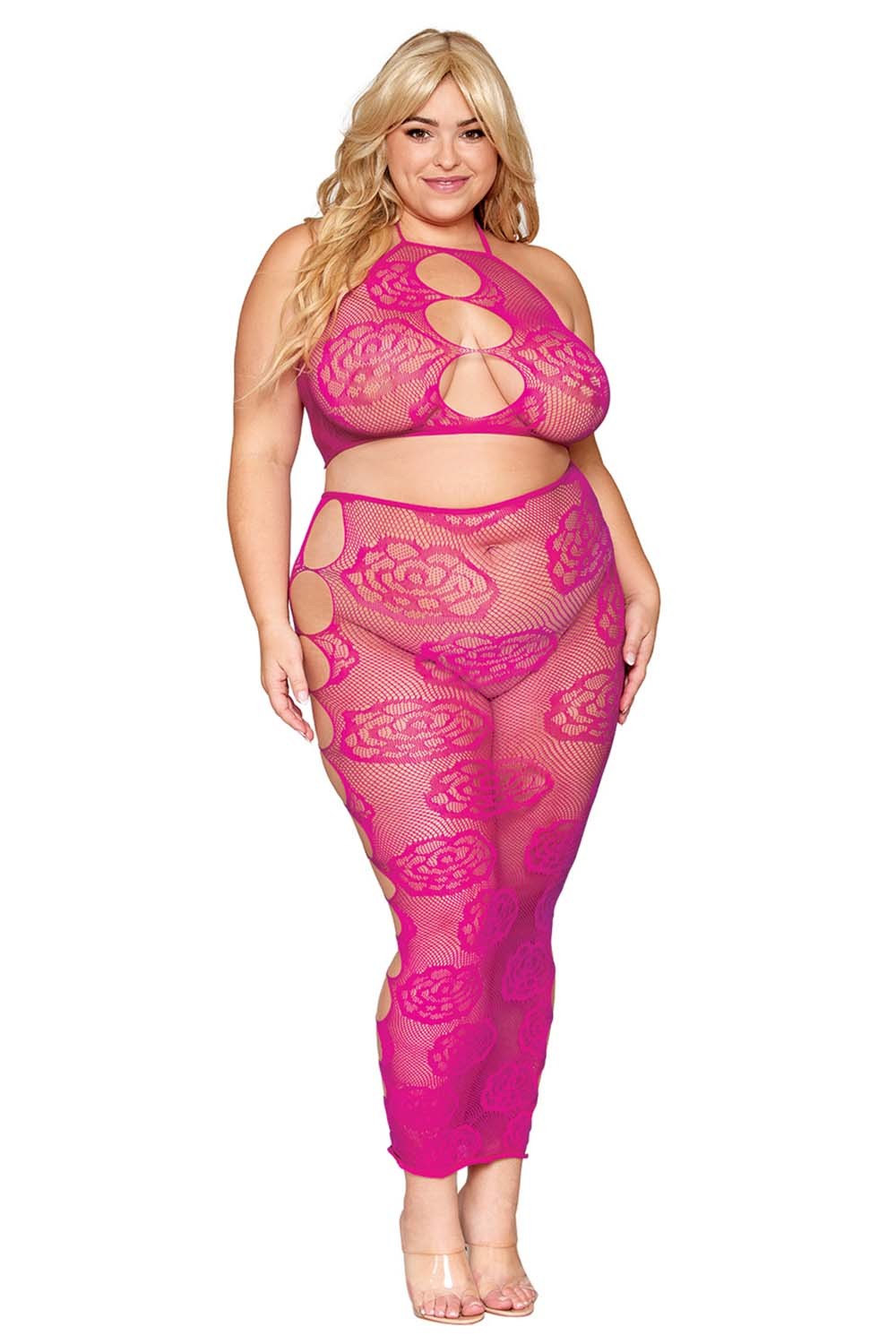 Ensemble Soutien-gorge et jupe longue en filet rose, grande taille – Dreamgirl