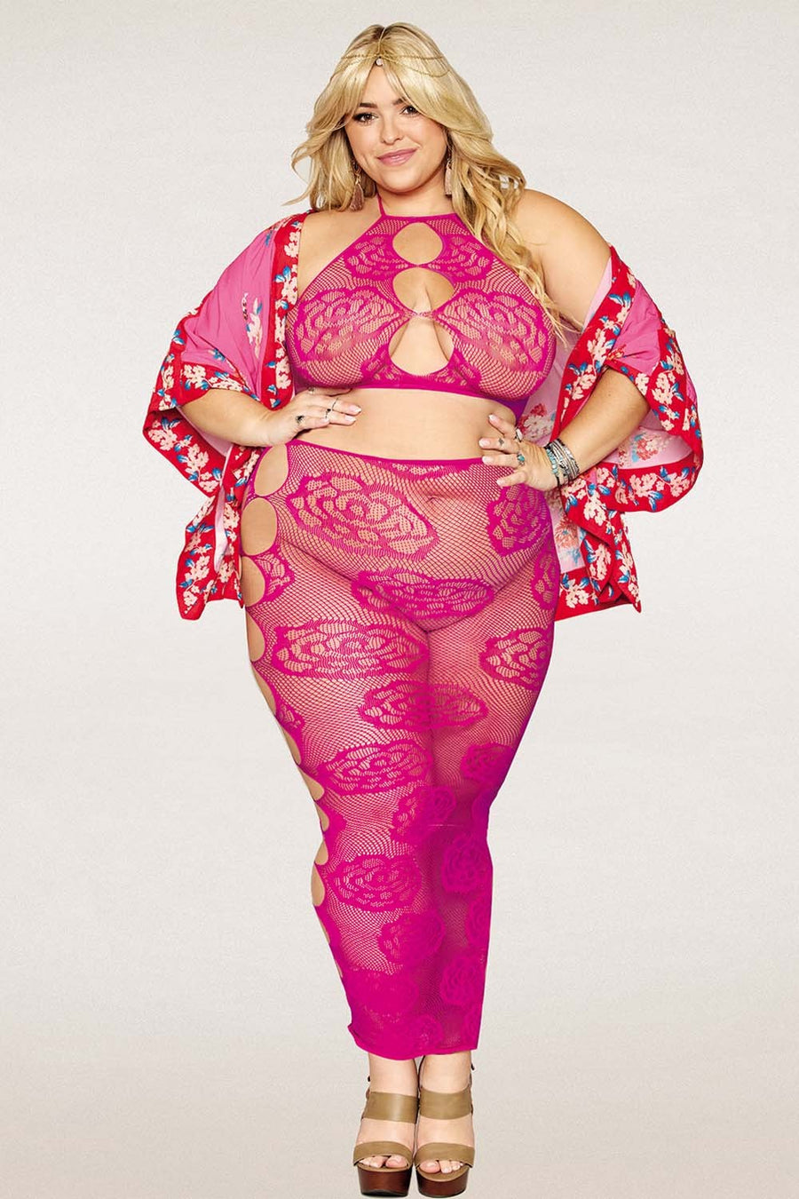Ensemble Soutien-gorge et jupe longue en filet rose, grande taille – Dreamgirl | Voyage Sensuel