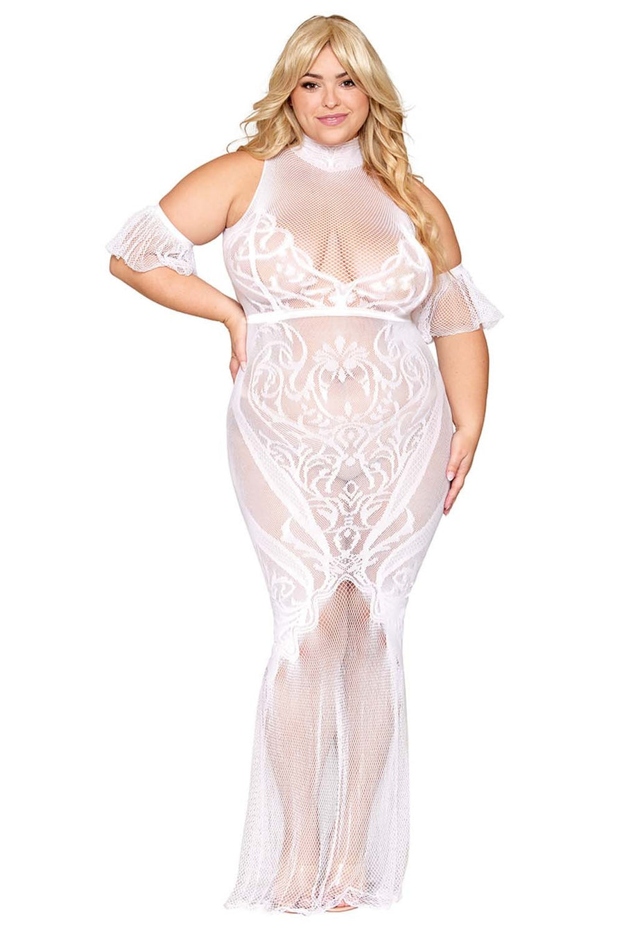 Robe bodystocking, grande taille, en résille t dentelle blanche – Dreamgirl | Voyage Sensuel