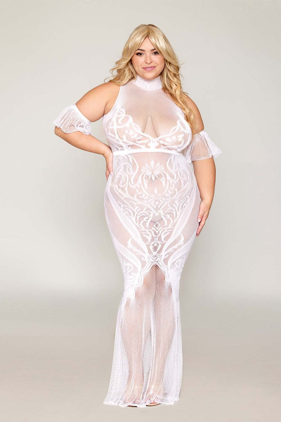 Robe bodystocking, grande taille, en résille t dentelle blanche – Dreamgirl | Voyage Sensuel