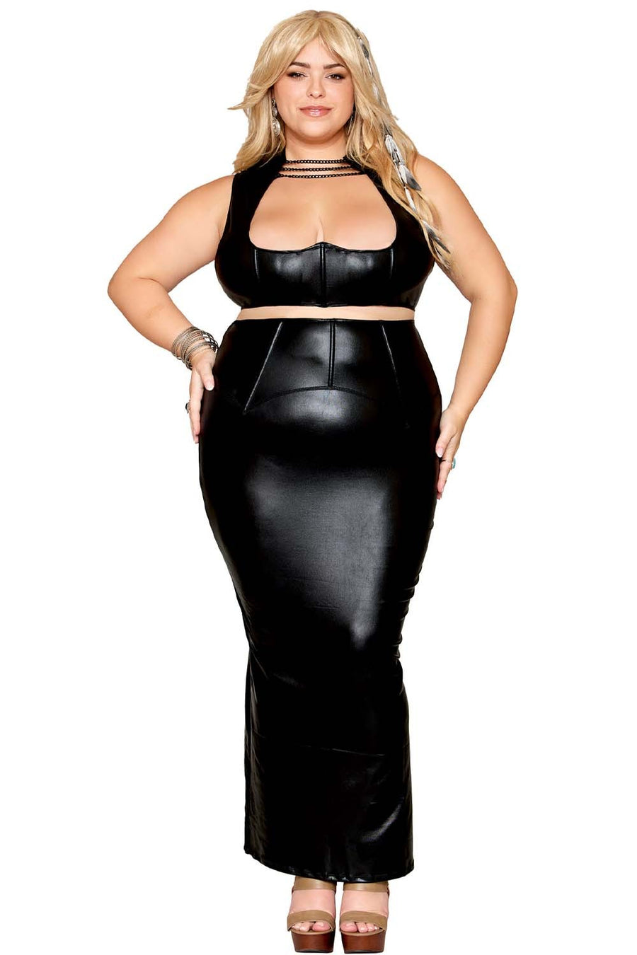 Ensemble Soutien-gorge et jupe longue, grande taille, noir en simili cuir – Dreamgirl | Voyage Sensuel