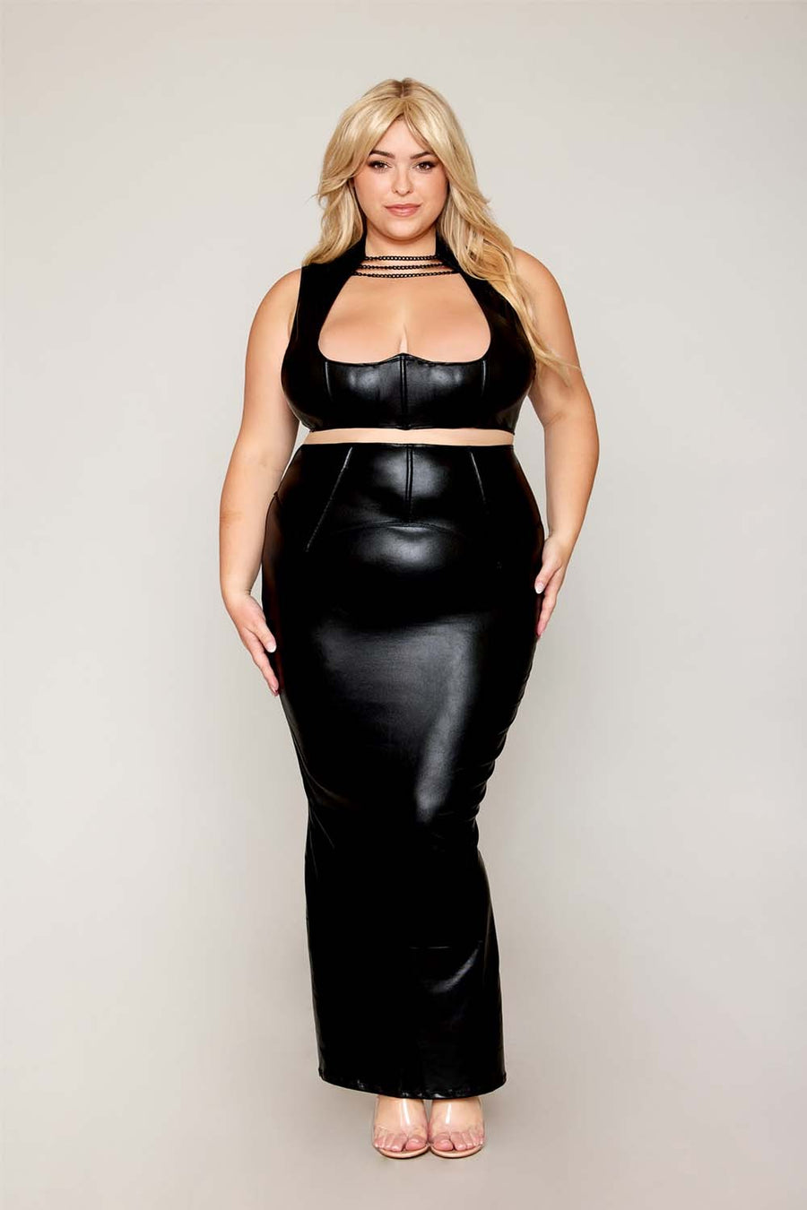 Ensemble Soutien-gorge et jupe longue, grande taille, noir en simili cuir – Dreamgirl | Voyage Sensuel