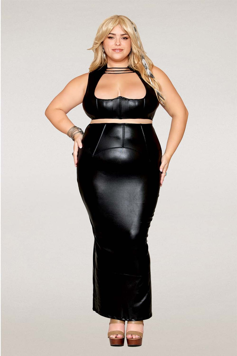 Ensemble Soutien-gorge et jupe longue, grande taille, noir en simili cuir – Dreamgirl | Voyage Sensuel