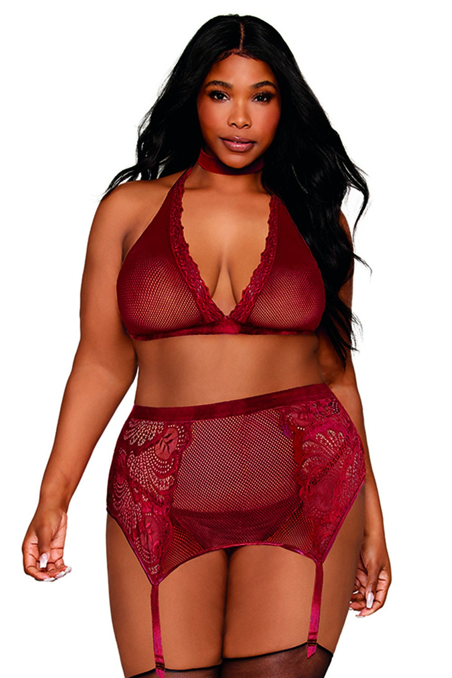 Ensemble 4 pièces grande taille soutien gorge, tour de cou, string et porte jarretelles rouge – Dreamgirl | Voyage Sensuel