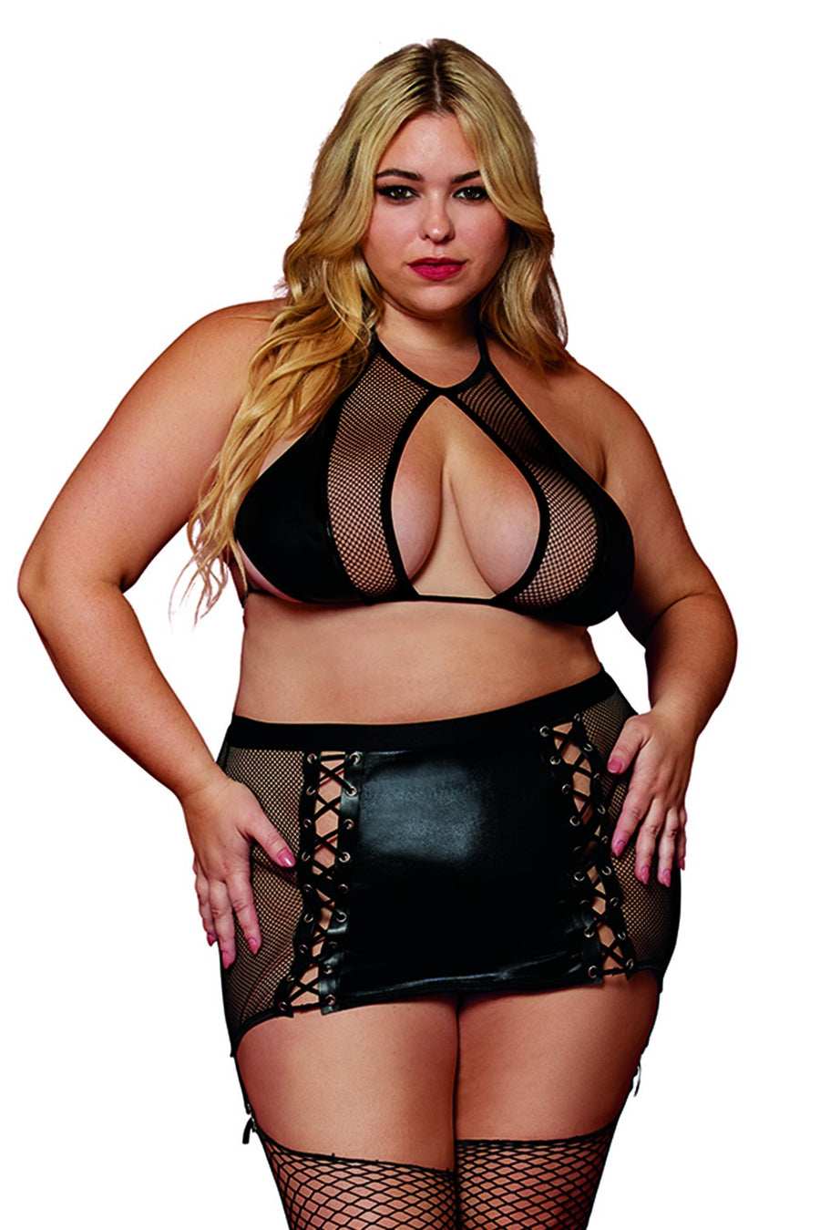 Soutien gorge et jupe porte jarretelles grande taille en résille et simili cuir – Dreamgirl | Voyage Sensuel